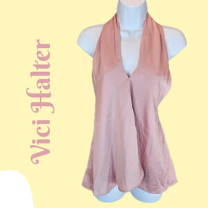 Vici Womens Pink Satin Halter Top Sz S Ties At Neck Deep V Neck Elastic Back
